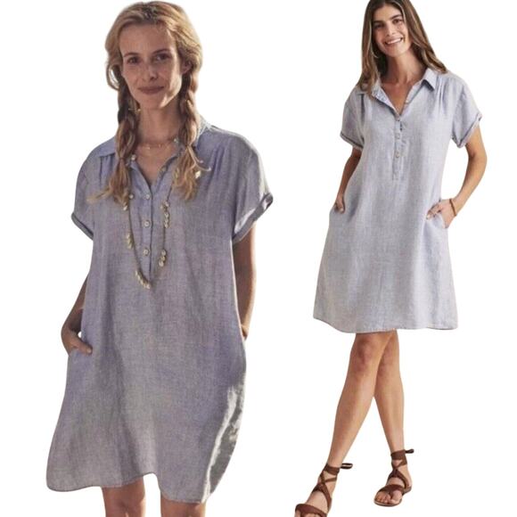 Faherty Hana Linen Mini Shift Shirt Dress Collared Neckline Short Sleeve Blue S - Picture 1 of 9